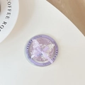 Macro view of purple sequin butterfly phone grip with liquid glitter and ribbon bow - Magnetic Gift Version - Polka Dot Glitter Glue Ribbon Bow Tie - Floral Purple