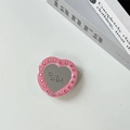 Detail of pink heart-shaped magnetic phone grip with rhinestone edges and wish mirror - Transparent Stand - Rhinestone Wish Heart Mirror / Rose Red