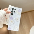 Detail view of transparent glitter phone case with 3D purple flowers and pearls for Samsung - Purple Lotus Camellia / Samsung A07 (Thickened)