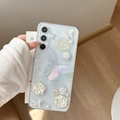 Close-up of clear blue phone case with 3D laser butterflies, roses and pearls decorations - Laser Flower Big Butterfly / Samsung A07 (Thickened)