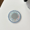 Detail view of a blue glitter phone socket with integrated mirror and rhinestone border - (Blue Diamond) Magnetic - Epoxy Color Polka Dot Mirror - Blue Light