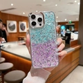 Detail of gradient glitter phone case with sparkles for iPhone 16 Pro Max held by a model - Blue+Purple (Electroplated Frame High Flash Sequin Gradient) / iPhone 16e