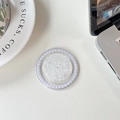 Detail of round phone socket with white sequins and faux pearl border on white desk - White (Pearl Magnetic Macaron Sequin)