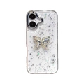 Transparant iPhone hoesje met zilveren glitter pailletten en een strass vlinder - Sterren Pailletten Epoxy Vlinder / iPhone 7/8/SE 2020