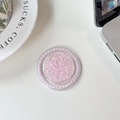 Close-up of pink glitter phone grip with elegant pearl border on white desk - Pink (Pearl Magnetic Macaron Sequin)