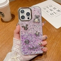 Close-up of iPhone case featuring purple glitter, pearl bear, and silver charms - Electroplated Frame - High-gloss Gradient Goodluck Bear - Pink + Purple / iPhone 7/8/SE 2020