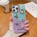 Detail of glitter gradient iPhone case with 3D pearl bear, stars, and floral charms - Electroplated Frame - High-gloss Gradient Goodluck Bear - Blue + Purple / iPhone 7/8/SE 2020