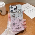 Detail of iPhone case with gradient glitter, 3D pearl bear, and metallic flower charms - Electroplated Frame - High-gloss Gradient Goodluck Bear - Silver + Pink / iPhone 7/8/SE 2020