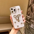 Pearlescent white iPhone case with silver 3D bow and metallic studs on marble texture - Silver Pearl Dear Bowknot / iPhone 7/8/SE 2020