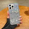 Dettaglio custodia iPhone lusso con farfalle 3D e scintillanti strass in cristallo AB - Rosa Farfalla con Diamanti Completi / Iridescente / iPhone 7/8/SE 2020