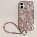 Detailed view of pink rhinestone phone case with 3D butterflies and pearl accents - Pink (With Rhinestone Strap) / iPhone 16e