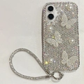 Detail showing luxury rhinestone butterfly phone case with pearl accents and ring strap - Iridescent (With Rhinestone Strap) / iPhone 16e