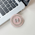 Detail of pink leather phone grip with silver butterfly, rhinestones and 'Gift For You' text - Fat Butterfly - Pink / Magnetic - Rhinestone Pearlescent