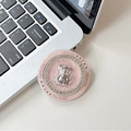 Detail of pink leather phone grip with silver bear, sparkling rhinestones and Gift For You text - Sitting Bear - Pink / Magnetic - Rhinestone Pearlescent