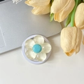 Détail du support téléphone fleur jaune avec perle bleue sur base acrylique - Magnétique-Fleur en Cristal-Jaune