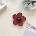 Detailed view of red leather floral phone grip with black bead and stitching detail - (Clear Stand) 3D Leather Flower - Wine Red