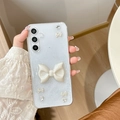 Glitzernde weiße Hülle für Samsung mit 3D-Perlenschleife und Herz-Strass-Verzierungen - Samsung A14 / Glitzer Creme Künstliche Perle Flacher Schleife Stil