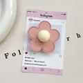 Macro detail of a pink leather flower phone grip with stitching and a central pearl accent - (Magnetic) 3D Leather Flower - Korean Pink