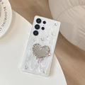 Custodia Samsung Galaxy S24 Ultra con specchio a cuore argentato e decoro farfalla - Specchio a Cuore di Lava con Colla a Goccia Glitterata Bianca / Samsung A14