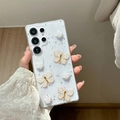 Dettaglio custodia Samsung trasparente con rose 3D e farfalle dorate scintillanti - Ultrasottile Stellato Epossidico Rosa Simulazione Farfalla / Bianco / Samsung A14