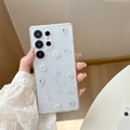 Detail of luxury Samsung S24 Ultra case with 3D pearl hearts and silver butterfly decor - Rhinestone Bow Heart - White / Samsung A14