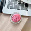 Detail of pink silk camellia phone grip with sparkling rhinestones and pearl accents - (4 Rhinestones) Magnetic Small Fabric Rose / Rose Red