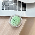 Detailed view of mint green fabric camellia phone socket with rhinestones and pearls - (4 Rhinestones) Magnetic Small Fabric Rose / Green
