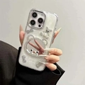 Luxury iPhone glitter case with pearl bear charm and bear-shaped mirror decoration - Electroplated Frame White Glitter Epoxy Bow Bear Mirror / 7/8/SE 2020