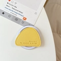 Detail of yellow triangle leather magnetic phone grip with embossed mountain quote - Yellow