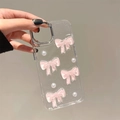 Transparente iPhone-Hülle mit rosa Schleifen, Perlen und Glitzer in der Hand - Galvanisierter Rahmen-Glitzer-Tropfkleber-Perlen-Kristall-Band-Rosa / iPhone 7/8/SE 2020
