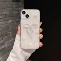 Dettaglio della cover iPhone glitterata con fiocco arcobaleno 3D e perle eleganti - Colla glitterata bianca-Perline laser 'Dear' Fiocco / iPhone 7/8/SE 2020