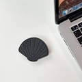 Detail of black leather shell phone socket with lychee texture and butterfly stitch - Leather Shell-Black
