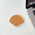 Detail of caramel leather scallop phone grip with fine stitching and butterfly pattern - Leather Shell-Golden Brown