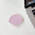 Close-up of purple shell-shaped leather phone grip with butterfly patterns - Leather Shell-Purple