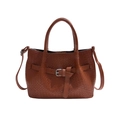 Deep brown woven leather tote bag with silver buckle detail and adjustable shoulder strap - Brown