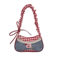Borsa a spalla in denim e quadretti rossi con ricamo a ciliegia e pizzo elegante - Blu
