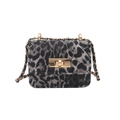 Leopard print crossbody bag with gold lock and chain strap on white background - Black