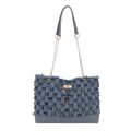Blauwe en grijze geruite denim tote tas met rafelranden en gouden herten hanger - Geruit Blauw