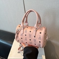 Pink Boston bag with black bear and diamond prints, dual handles and crossbody strap - Pink