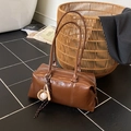 Brown glossy bowling bag with a baseball charm and long shoulder strap - Brown with Pendant