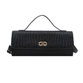 Elegant black woven texture handbag with gold double-ring buckle and slim handle - Black