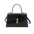 Fashionable black patent leather baguette handbag with gold oval buckle and top handle - Black