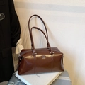 Retro chocolate brown glossy leather Boston bag with stylish long shoulder straps - No Pendant / Brown