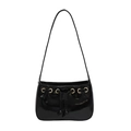 Minimalist black patent leather shoulder bag with gold metal eyelets and drawstring detail - Black