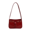 Glossy red patent leather shoulder bag with gold metal eyelets and drawstring accents - Red