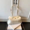 Minimalist cream white bowling bag in glossy leather finish with gold logo - No Pendant / White