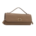 Brown woven texture handbag with golden oval metal lock and adjustable shoulder strap - Khaki