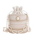 Fashionable woven bucket bag with pearl buckle and metal chain strap on white background - Beige