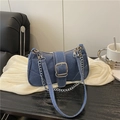 Denim shoulder bag with contrast stitching and silver chain strap for casual styling - Light Blue