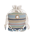 Handwoven straw bucket bag with colorful stripes and oversized pearl charm detail - Blue